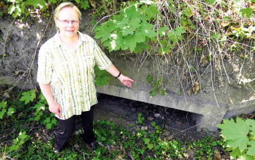 Bettina Bauer vor dem Froschtunnel im Biotop Dohnaer Straße. Foto: Feigenspan