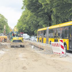 Ein alltägliches Bild auf der Schandauer Straße, kurz vor der Kreuzung Bergmannstraße: Stau entlang der Baustelle. Hier rollt es stadtauswärts nur einspurig, der Gegenverkehr wird über Nebenstraßen geführt. Foto: Pohl