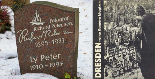 Grabstätte der Familie Peter auf dem Dresdner Heidefriedhof (l.). Der Bildband »Eine Kamera klagt an« erschien erstmals 1950 bei der Dresdener Verlagsgesllschaft. Die Publikation wurde mit dem Titel »Excellence FIAP« ausgezeichnet. Foto/Repro: Autor