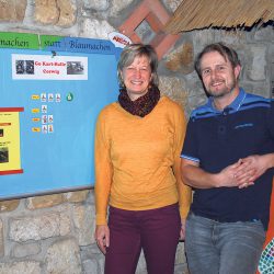 die beiden Sozialpädagogen Carmen Pelzer (l.) und Silvio Schmidt vor der Aktionstafel im Café der Schieferburg. Carmen Pelzer ist von Anfang an im KJH tätig. Es wurde am 6. Dezember 1996 eröffnet. Foto: Trache