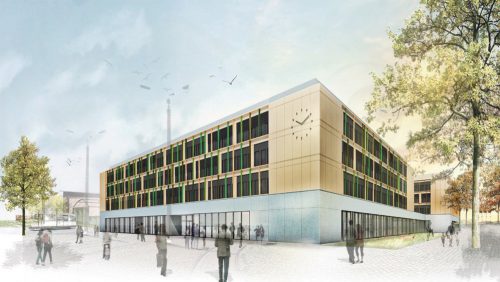 So soll der neue Campus auf dem Standort des ehemaligen Straßenbahnhofs Tolkewitz aussehen. Visualisierung: Architektengemeinschaft Zimmermann – Architekten BDA und Architekturbüro Raum und Bau GmbH