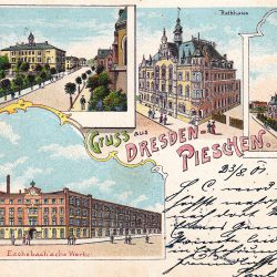Ansichtskarte von Pieschen mit Schule, Rathaus, Kirche und den Eschebach‘schen Werken um 1900. Archiv: Rolf Wilhelm (Dresden-Weißig)