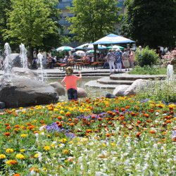 Rund um den Findlingsbrunnen lockten zahlreiche Stände zum Mitmachen, Unterhalten oder Informationsaustausch. Foto: Pohl