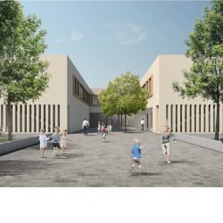 2018 wird am Standort der 47. Grundschule in Strehlen gebaut: Es entsteht ein Erweiterungsbau für die vorhandene Sporthalle, der auch Platz für Klassenräume bietet.Visualisierung: Landeshauptstadt Dresden