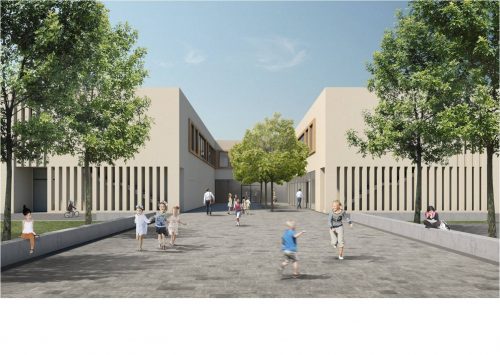 2018 wird am Standort der 47. Grundschule in Strehlen gebaut: Es entsteht ein Erweiterungsbau für die vorhandene Sporthalle, der auch Platz für Klassenräume bietet.Visualisierung: Landeshauptstadt Dresden