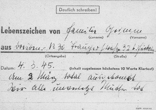 Lebenszeichen der im Haus Mengsplatz Nr. 2 ausgebombten Familie des Schlossergehilfen Paul Grimm. Repro: Archiv Klaus Brendler
