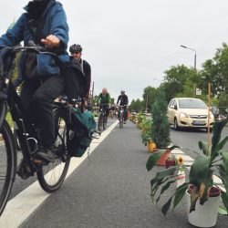 Am 27. September 2018 demonstrierte der ADFC Dresden mit einer durch Blumentöpfe provisorisch geschützten Radspur für eine sichere Radverbindung auf der St. Petersburger Straße. Foto: Konrad Krause/ADFC