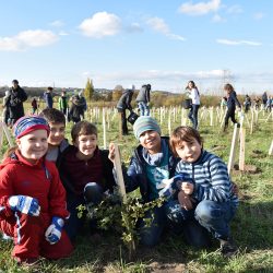 Waren mit Feuereifer dabei: Ella, Arda, Gustav, Luis und Adan von der 15. Grundschule halfen mit, die Sträucher und Bäume in die Erde zu bringen. Foto: Möller