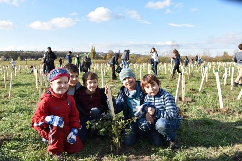 Waren mit Feuereifer dabei: Ella, Arda, Gustav, Luis und Adan von der 15. Grundschule halfen mit, die Sträucher und Bäume in die Erde zu bringen. Foto: Möller