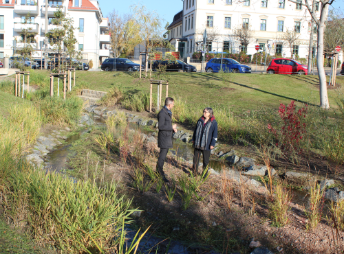 Umweltbürgermeisterin Eva Jähnigen (r.) und DVB-Vorstand Andreas Hemmersbach weihten am 29. Oktober die neue Parkanlage in Altstrehlen ein. Foto: Pohl