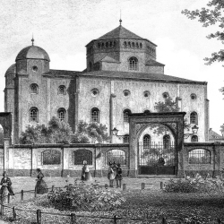 Die nach Plänen Gottfried Sempers errichtete und 1840 eingeweihte Synagoge  (Lithographie von Ludwig Thümling, ca. 1860)