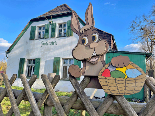 Der Osterhaste wartet auf der Hofewiese. Foto: ZZDD