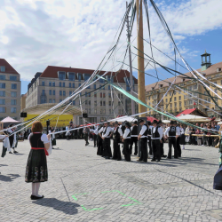 Beim Bändertanz wurden grüne und weiße Bänder um den Maibaum gewunden. Foto: Pohl