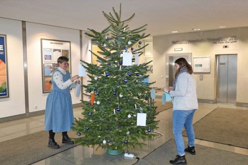 Anika Gränz, Referentin barrierefreies Lernen (l.) und Stefanie Elies, Pädagogische Mitarbeiterin VHS ALFA „schmücken“ den VHS-Weihnachtswunschbaum mit den Herzenswünschen der Teilnehmenden. Foto: VHS Dresden