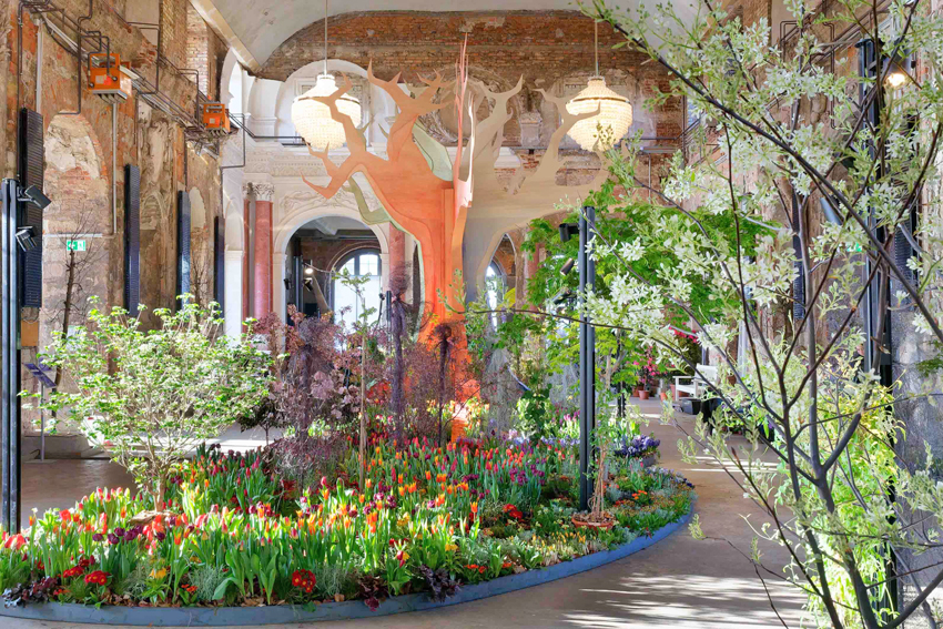 Mitten in einem Blumenmeer steht der Weltenbaum als Sinnbild für die Natur in der Blumenschau „Dresdner Frühling im Palais“. Foto: Sebastian Thiel