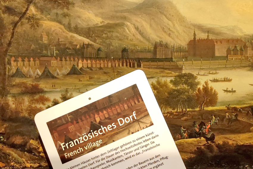 Ausschnitt aus dem Gemälde von Hofmaler Thiele mit Erklärkarte. Foto: Staatliche Schlösser, Burgen und Gärten Sachsen