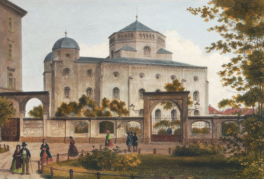 Alte Dresdner Synagoge von Gottfried Semper, erbaut 1838–1840. Lithographie von Louis Thümling um 1860. Foto: Wikipedia