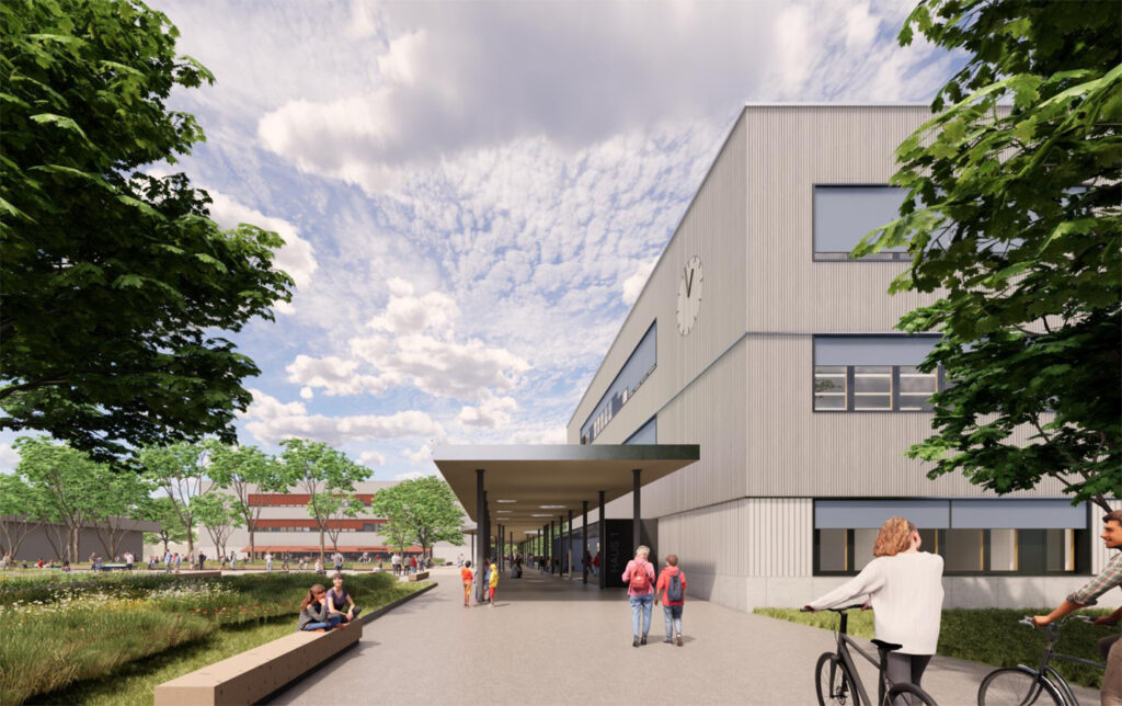 So könnte das neue Bertolt-Brecht-Gymnasium in der Johannstadt aussehen. Das Bild zeigt die Perspektive von der Holbeinstraße aus. Visualisierung: heinlewischer Partnerschaft freier Architekten mbB