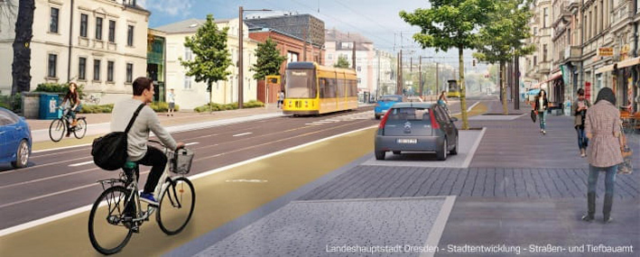 So könnte nach der Sanierung die Königsbrücker Straße aussehen. Visualisierung: LHD/Stadtentwicklung, Straßen- und Tiefbauamt