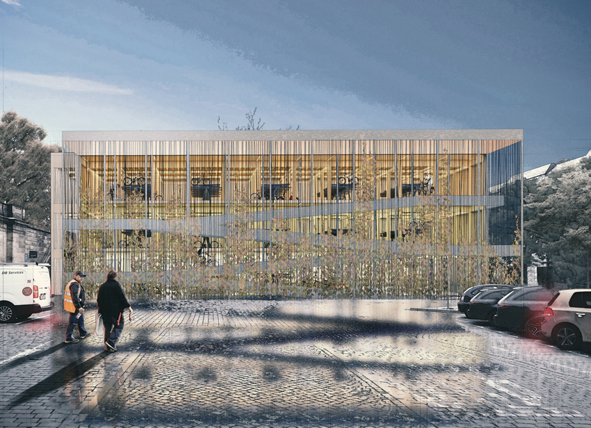 So soll das künftige Fahrradparkhaus aussehen. Visualisierung: KNERER UND LANG Architekten GmbH, Dresden